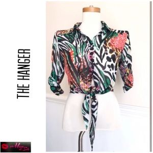 Crop Front Tie Button Up Sheer Tropical Theme Top